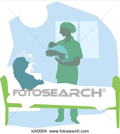Stock Illustration - A nurse handing a baby to her mother. Fotosearch