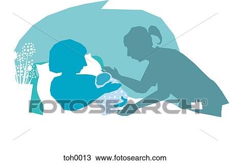 Drawing - A nurse helping a mother with her newborn baby. Fotosearch