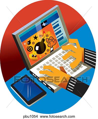 Stock Illustration - A person using a computer with a virus on it. Fotosearch