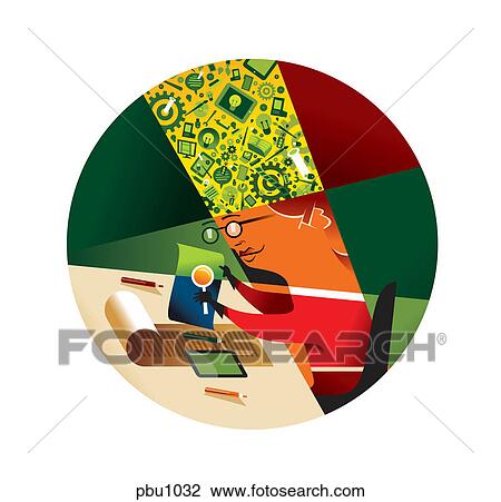 A person with gears and lightbulbs in his head looking through documents View Large Illustration Drawing - A person with gears and lightbulbs in his head looking through documents. Fotosearch