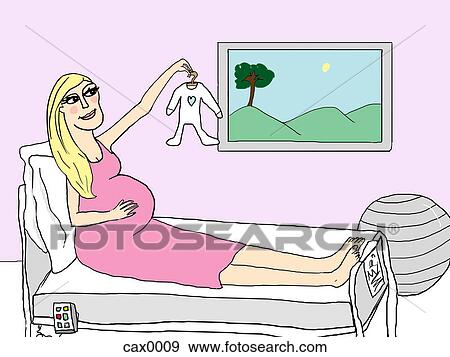 Stock Illustration - A pregnant woman looking at a newborn sleeper. Fotosearch