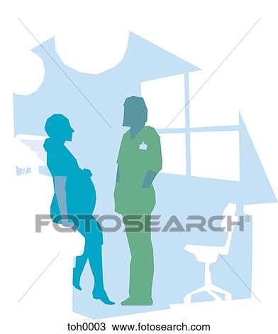 Drawing - A pregnant woman talking to a doctor. Fotosearch