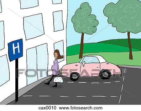 A pregnant woman walking into a clinic View Large Illustration Clipart - A pregnant woman walking into a clinic. Fotosearch