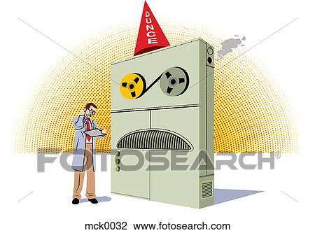 Drawing - A scientist examining an outdated computer. Fotosearch