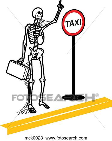 Drawing - A skeleton with cobwebs waiting for a taxi. Fotosearch