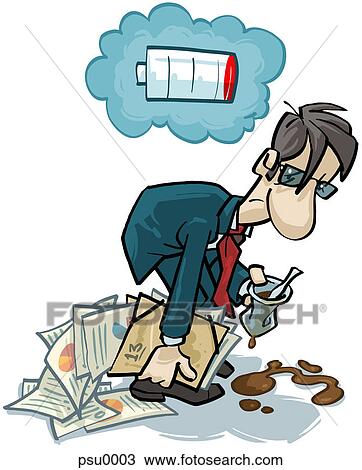 A tired office worker with an empty battery sign above his head View Large Illustration Drawing - A tired office worker with an empty battery sign above his head. Fotosearch