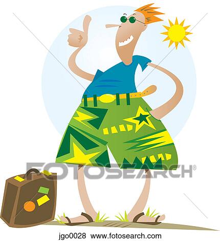 Stock Illustration - A tourist wearing bermuda shorts and standing next to his suitcase. Fotosearch