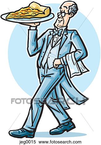 Stock Illustration - A waiter serving a large piece of pizza. Fotosearch