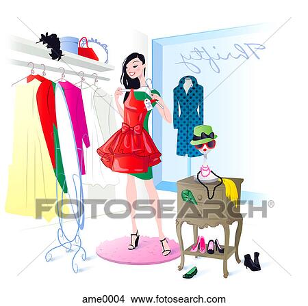 A woman at a thrift shop View Large Illustration Stock Illustration - A woman at a thrift shop. Fotosearch