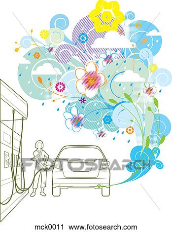 A woman fueling a hybrid vehicle View Large Illustration Clip Art - A woman fueling a hybrid vehicle. Fotosearch
