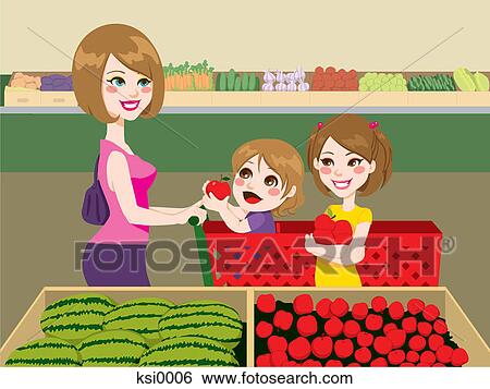 Stock Illustration - A woman grocery shopping with her kids. Fotosearch