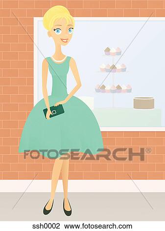 Drawing - A woman in a retro dress standing in front of a cupcake bakery. Fotosearch