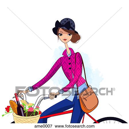 Stock Illustration - A woman on a bike with food, wine and flowers in the basket. Fotosearch