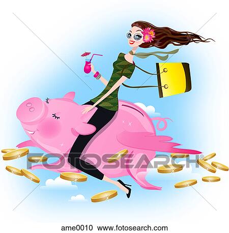 A woman on a piggy bank View Large Illustration Clipart - A woman on a piggy bank. Fotosearch