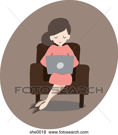 Stock Illustration - A woman sitting and using her laptop. Fotosearch
