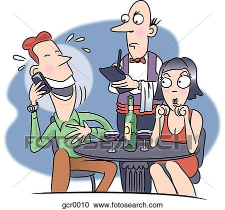 Clipart - A woman upset at her date for talking on his cell phone while they are at a restaurant. Fotosearch