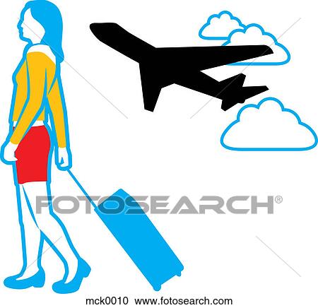 Clipart - A woman walking with her luggage with a plane behind her. Fotosearch