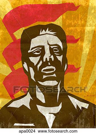 Stock Illustration - A worker looking up with flags in the background. Fotosearch