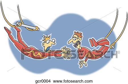 Stock Illustration - An acrobat scared because his partner is on the phone. Fotosearch