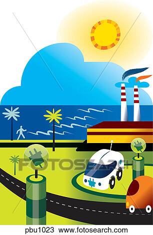 An electric car near smoke stacks View Large Illustration Drawing - An electric car near smoke stacks. Fotosearch