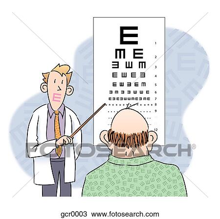 Drawing - An optometrist pointing to an eye chart. Fotosearch