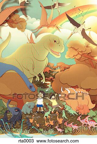 Children among a crowd of dinosaurs View Large Illustration Drawing - Children among a crowd of dinosaurs. Fotosearch
