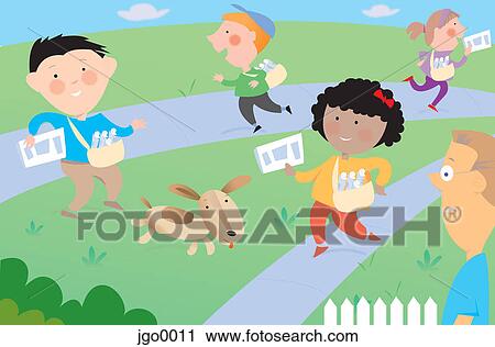 Children and their paper routes View Large Illustration Clip Art - Children and their paper routes. Fotosearch