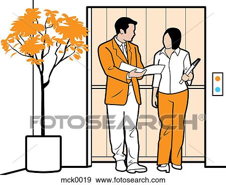 Stock Illustration - Co-workers talking in an elevator. Fotosearch