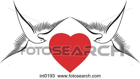 Drawing - Doves surrounding a red heart. Fotosearch