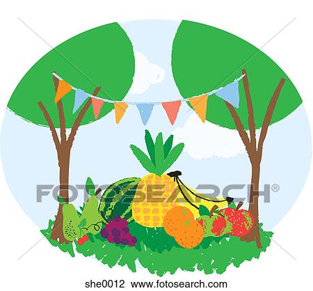 Fruit and vegetables under a bunting flag View Large Illustration Drawing - Fruit and vegetables under a bunting flag. Fotosearch
