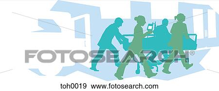 Hospital staff wheeling in a patient into the ER View Large Illustration Stock Illustration - Hospital staff wheeling in a patient into the ER. Fotosearch