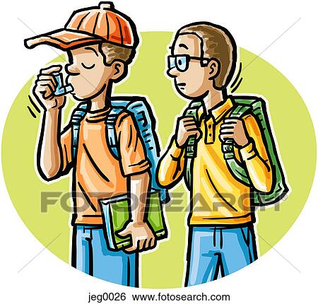 Stock Illustration - One boy looking at his friend who is using an asthma inhaler. Fotosearch