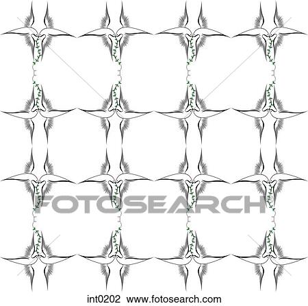 Patterns of birds holding vines in their beaks View Large Illustration Drawing - Patterns of birds holding vines in their beaks. Fotosearch