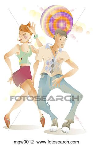 Drawing - People dancing underneath a disco ball. Fotosearch