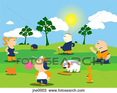 Drawing - People in a park surrounded by animals. Fotosearch