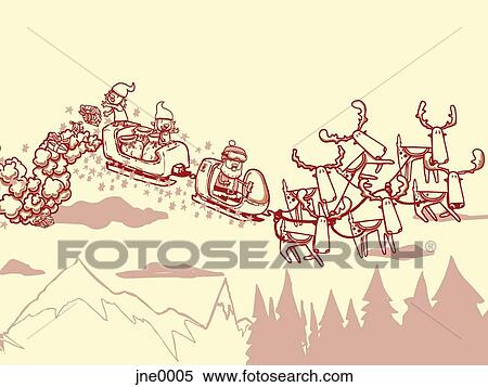 Stock Illustration - Santa Claus in his sleigh with elves dropping off presents. Fotosearch