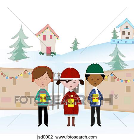 Drawing - Three Christmas carolers. Fotosearch