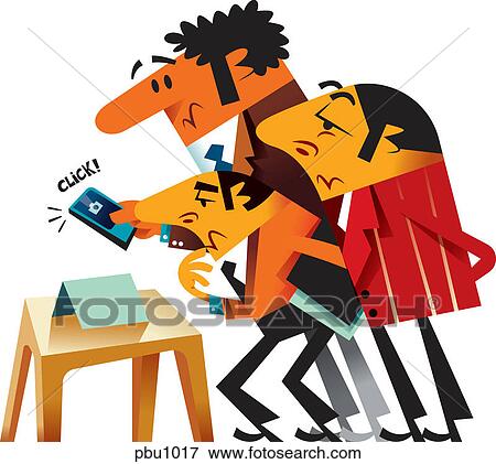 Stock Illustration - Three men taking a picture with a camera phone. Fotosearch