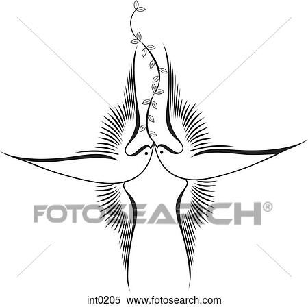 Stock Illustration - Two birds holding leaves with their beaks. Fotosearch