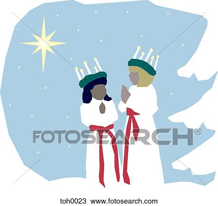 Two girls dressed as Saint Lucia View Large Illustration Drawing - Two girls dressed as Saint Lucia. Fotosearch