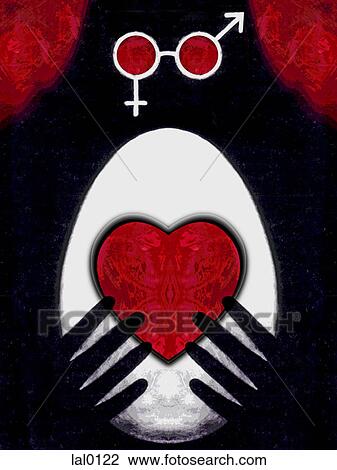 Two hands touching an egg with a heart on it, with male and female symbols above it View Large Illustration Drawing - Two hands touching an egg with a heart on it, with male and female symbols above it. Fotosearch