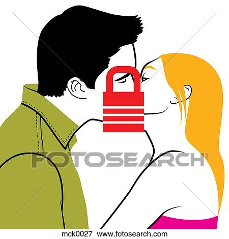 Stock Illustration - Two people kissing with a lock infront of their lips. Fotosearch