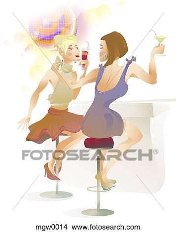 Stock Illustration - Two women having a drink at the bar. Fotosearch