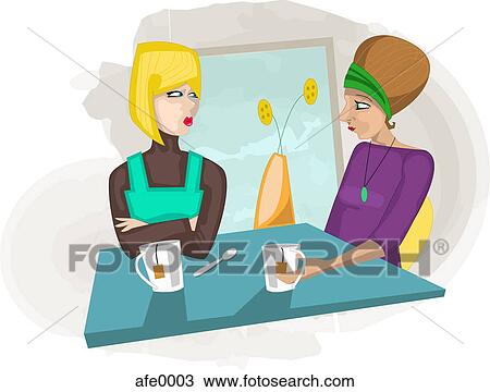 Two women having tea View Large Illustration Drawing - Two women having tea. Fotosearch