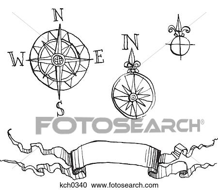 指南针 玫瑰花形物 同时 旗帜 对 白的背景剪贴画 Kch0340 Fotosearch