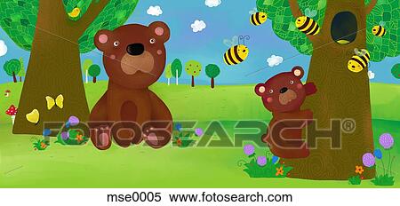 Stock Illustration - A bear trying to get honey from a tree. Fotosearch