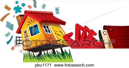 Clip Art - A big hand knocking at the door of a small house. Fotosearch