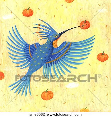 Drawing - A bird piercing a pumpkin with its beak. Fotosearch