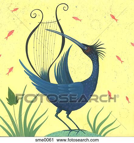 Clip Art - A bird playing a harp with its beak. Fotosearch