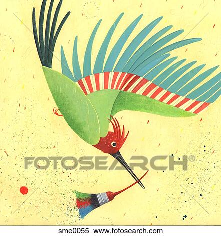 Stock Illustration - A bird with a paint brush in its beak. Fotosearch